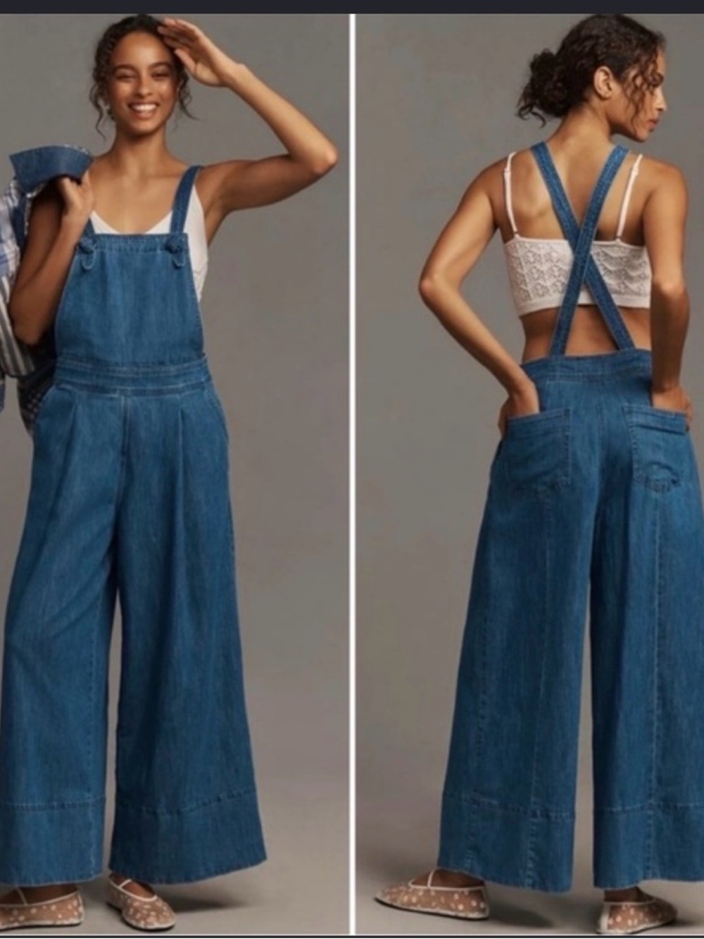 Maeve Blue Wide-Leg Denim Overalls with Crossback Straps